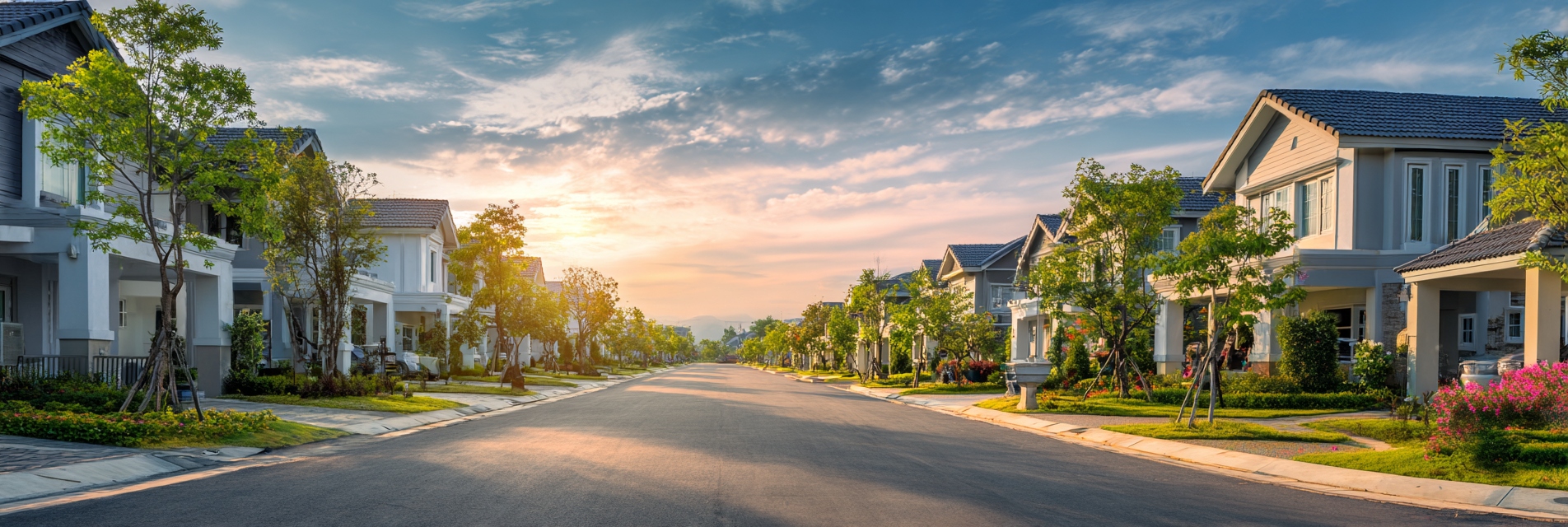 A restored neighborhood street at golden hour
