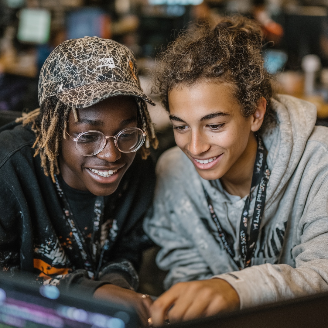 Two young software students smiling at a laptop