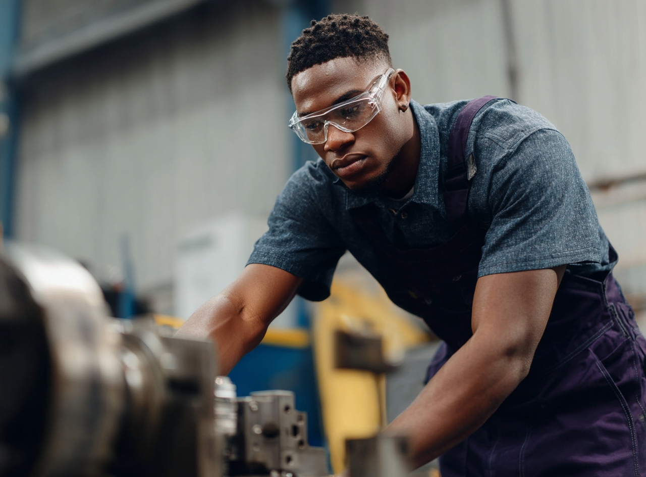 Young engineer in safety glasses working on a precision lathe