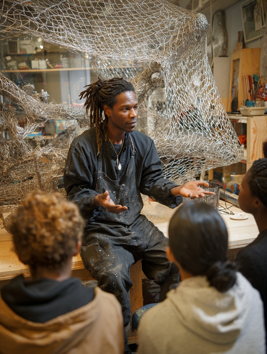 Artist leading a community art workshop with seated youth