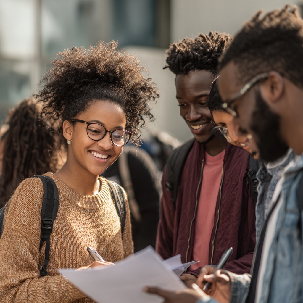 Adult students smiling and reviewing paperwork together outdoors