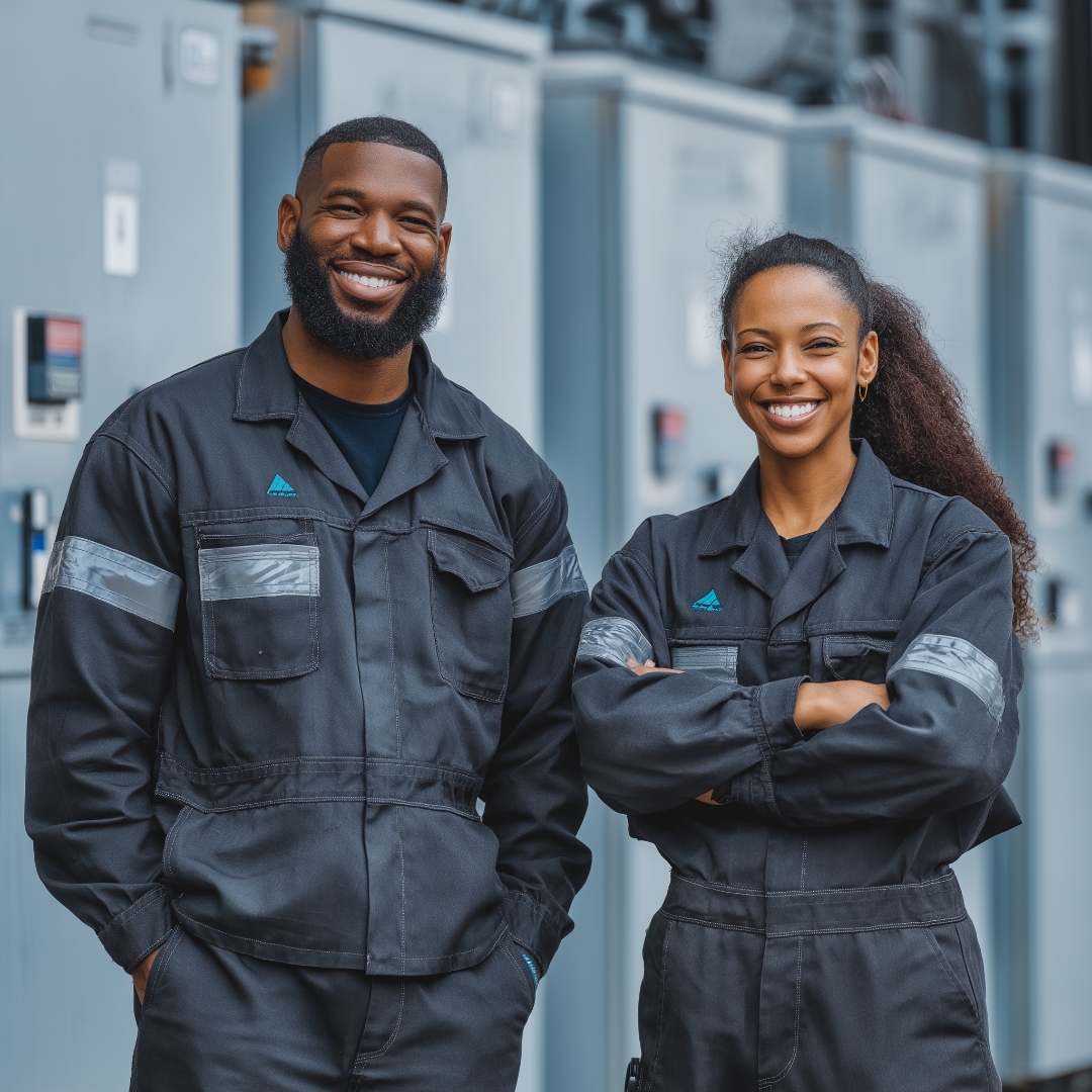 Two utility workers in coveralls in front of electrical switchgear