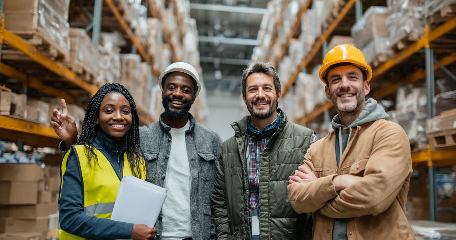 Four diverse warehouse workers smiling between tall storage racks