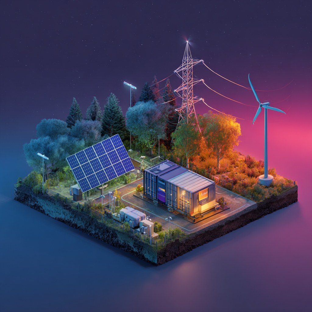 Isometric illustration of a neighborhood microgrid at dusk with solar panel array, battery container, transmission tower, and wind turbine