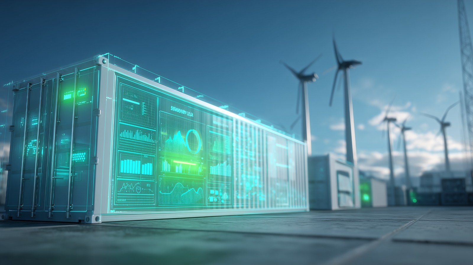 Futuristic Battery Energy Storage System container at dusk with holographic monitoring dashboards overlaying the unit