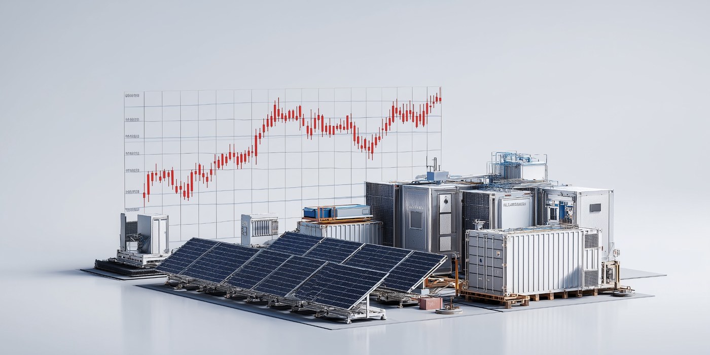 Isometric render of a community-scale solar array, photovoltaic panels, and battery energy storage containers in front of a market performance chart