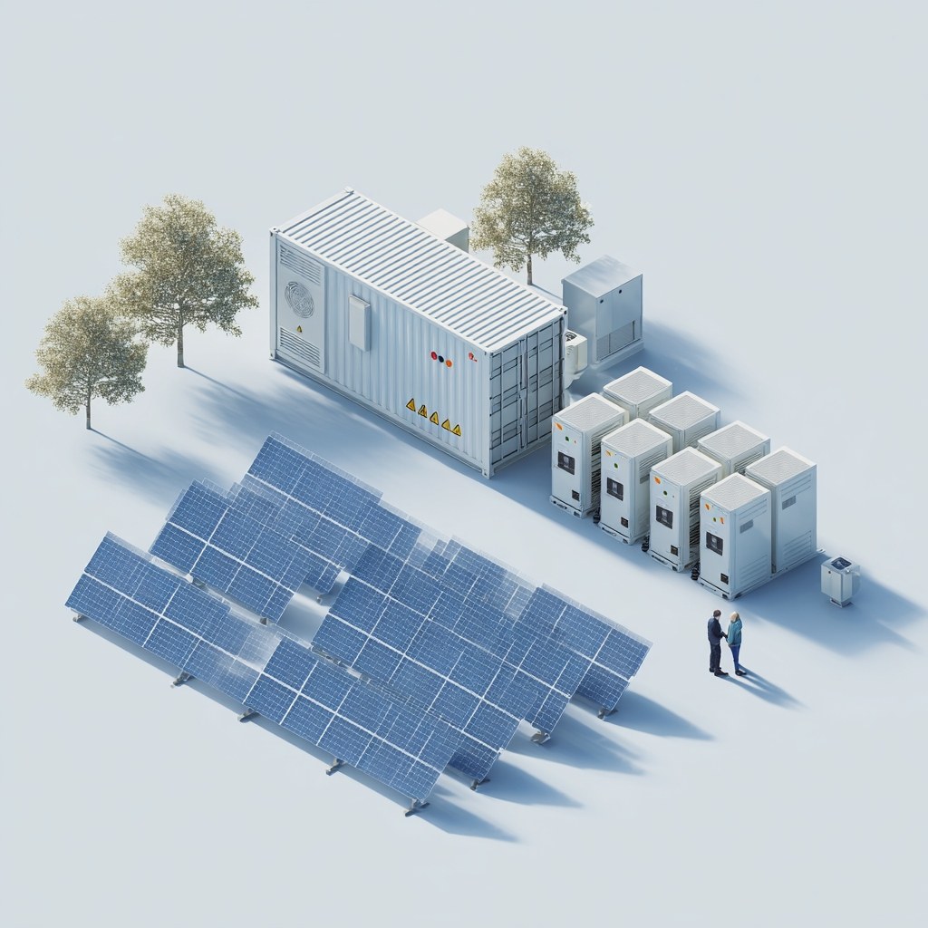 Isometric illustration of a community-scale solar array and battery storage container with two technicians on site