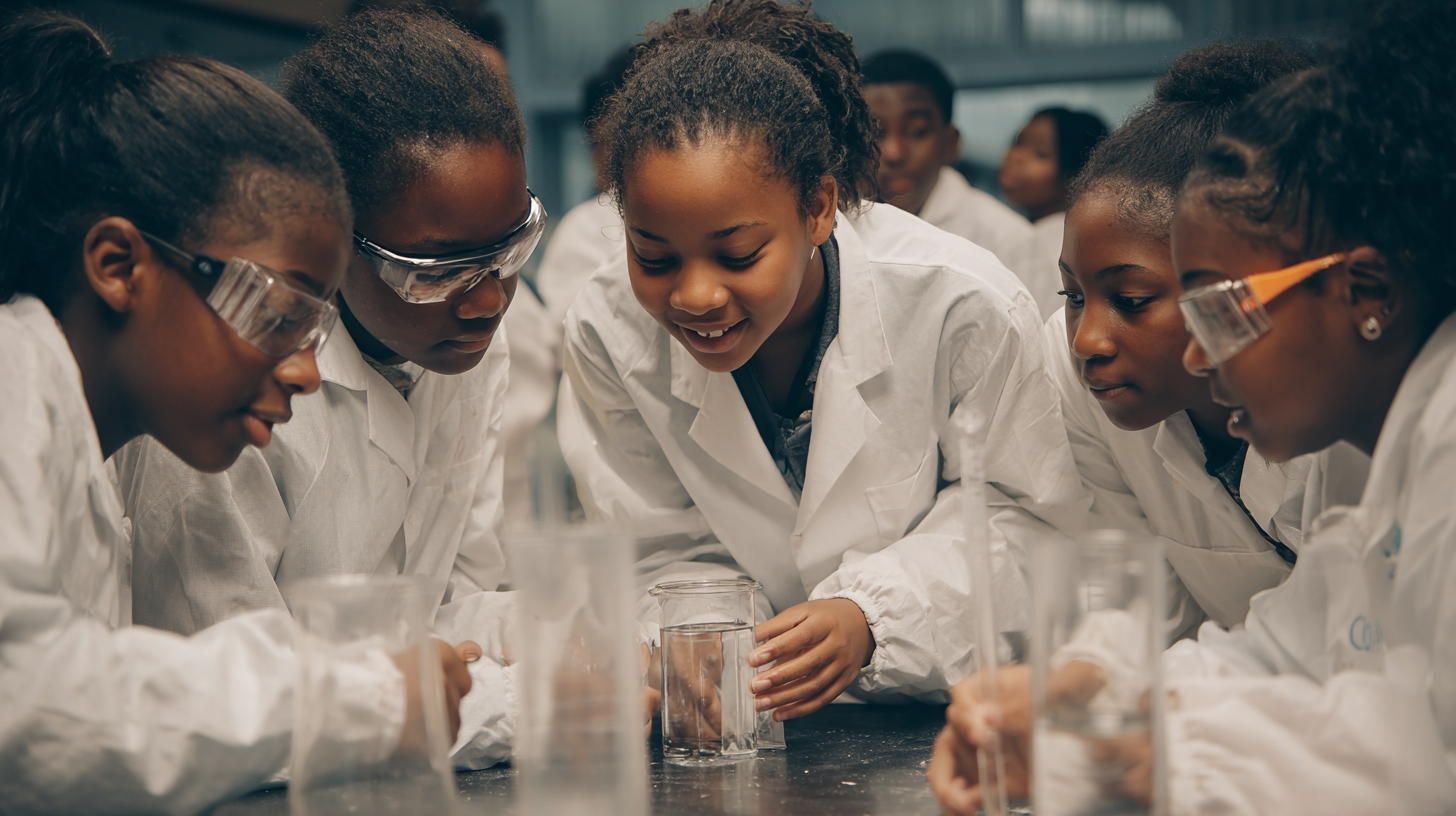 Diverse students smiling in a bright classroom