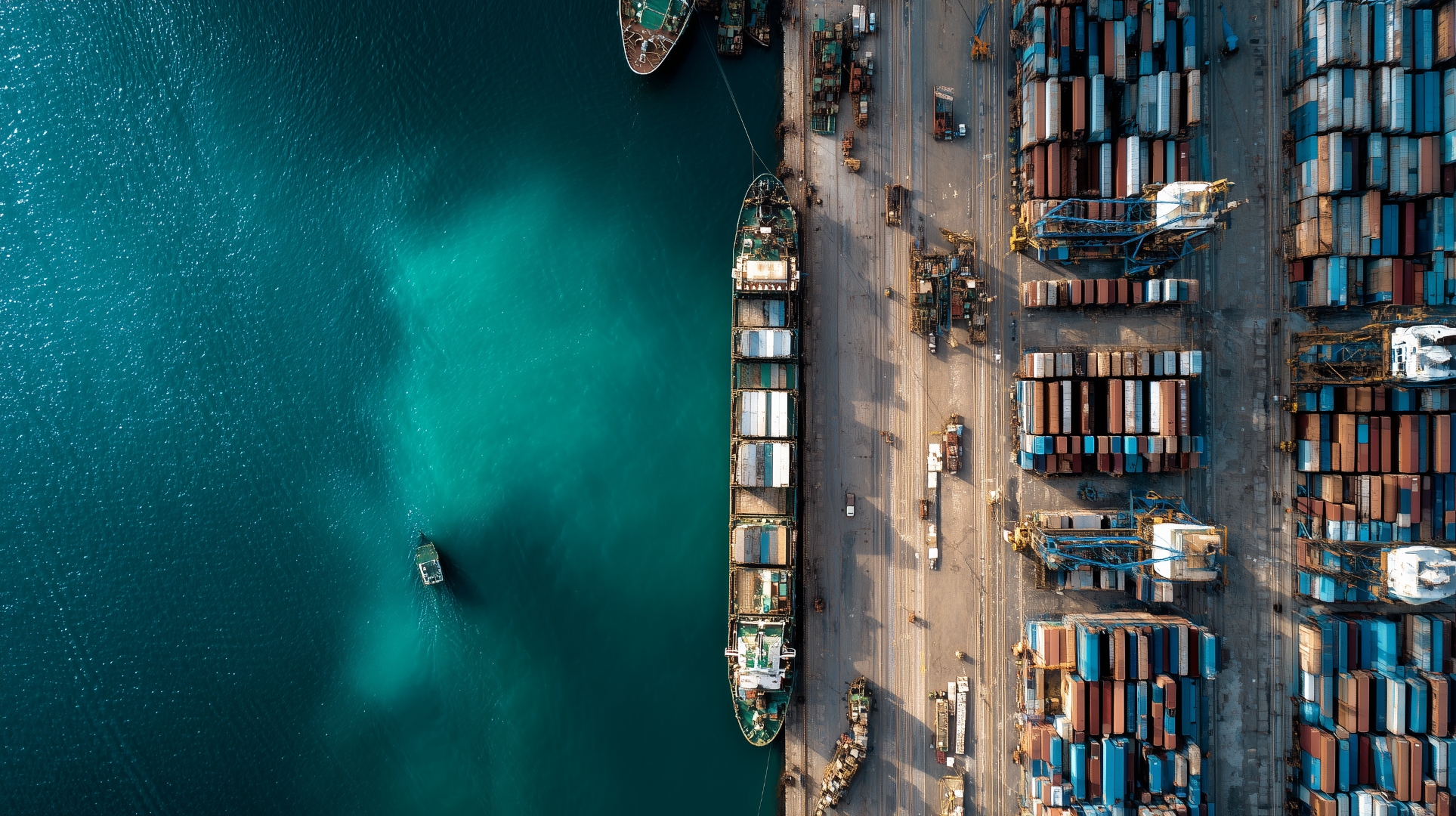 Aerial view of a commercial port with cargo ships and containers
